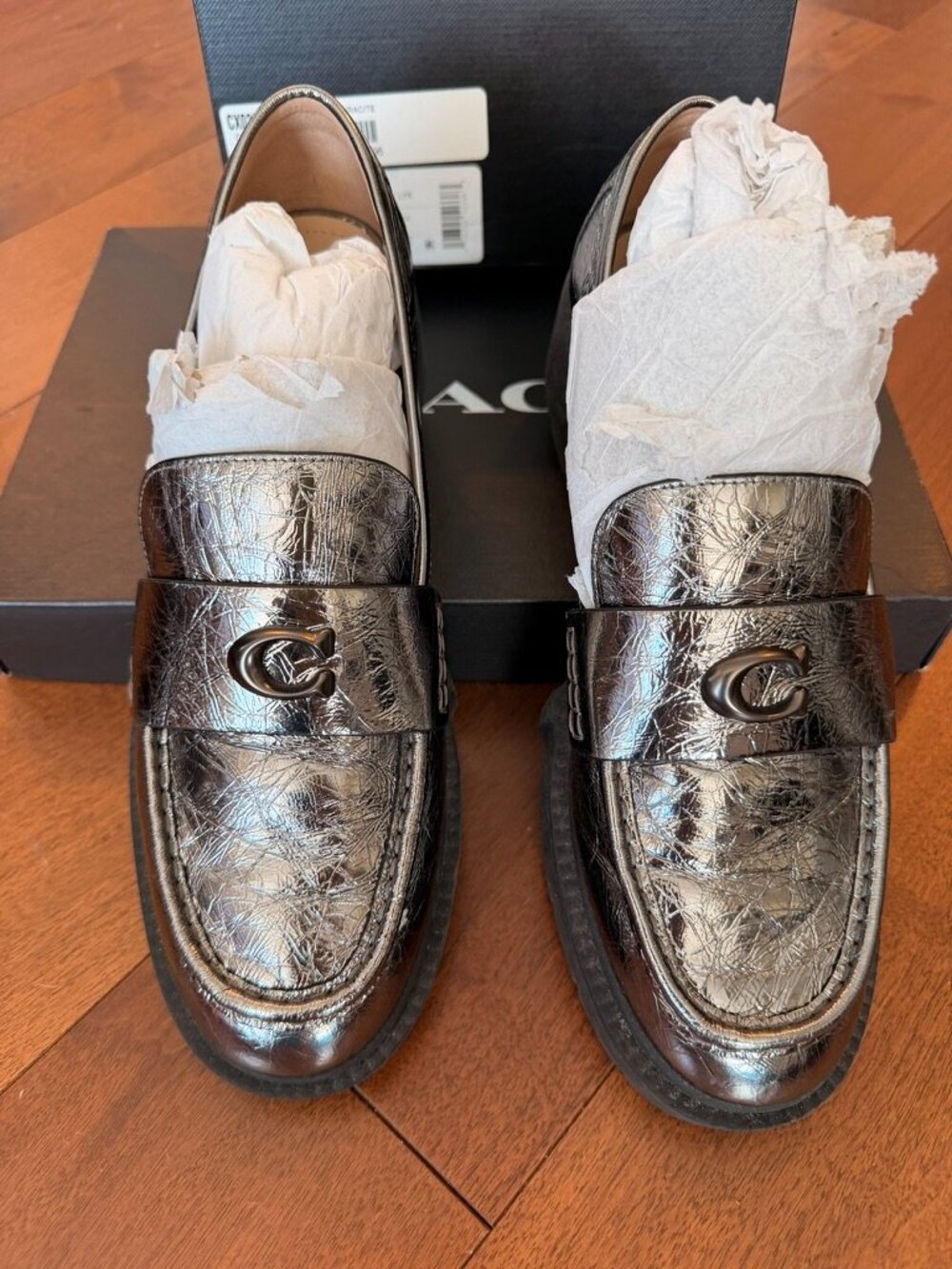 Coach Leah Metallic Crinkle Leather Loafers Anthracite Size 10 NWOT